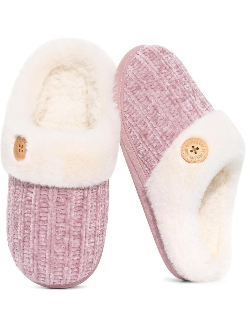 Women's Buttoned Pink Comfy Wool Like Lined Closed Toe Warm Knit Slipper Shoes
